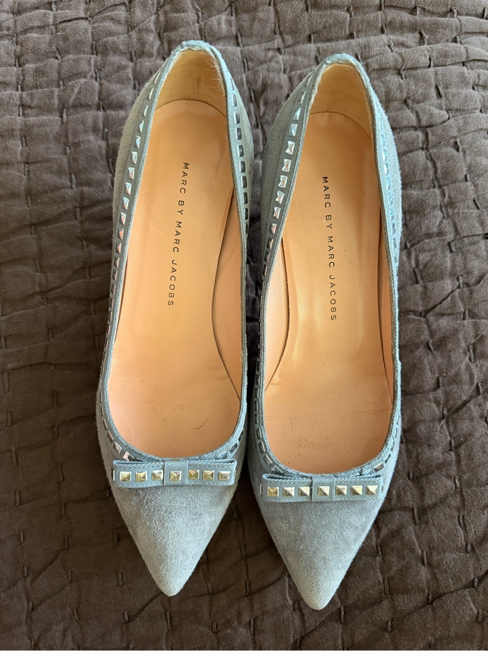 Marc Jacobs Gray Suede Pointed Toe Studded Flats